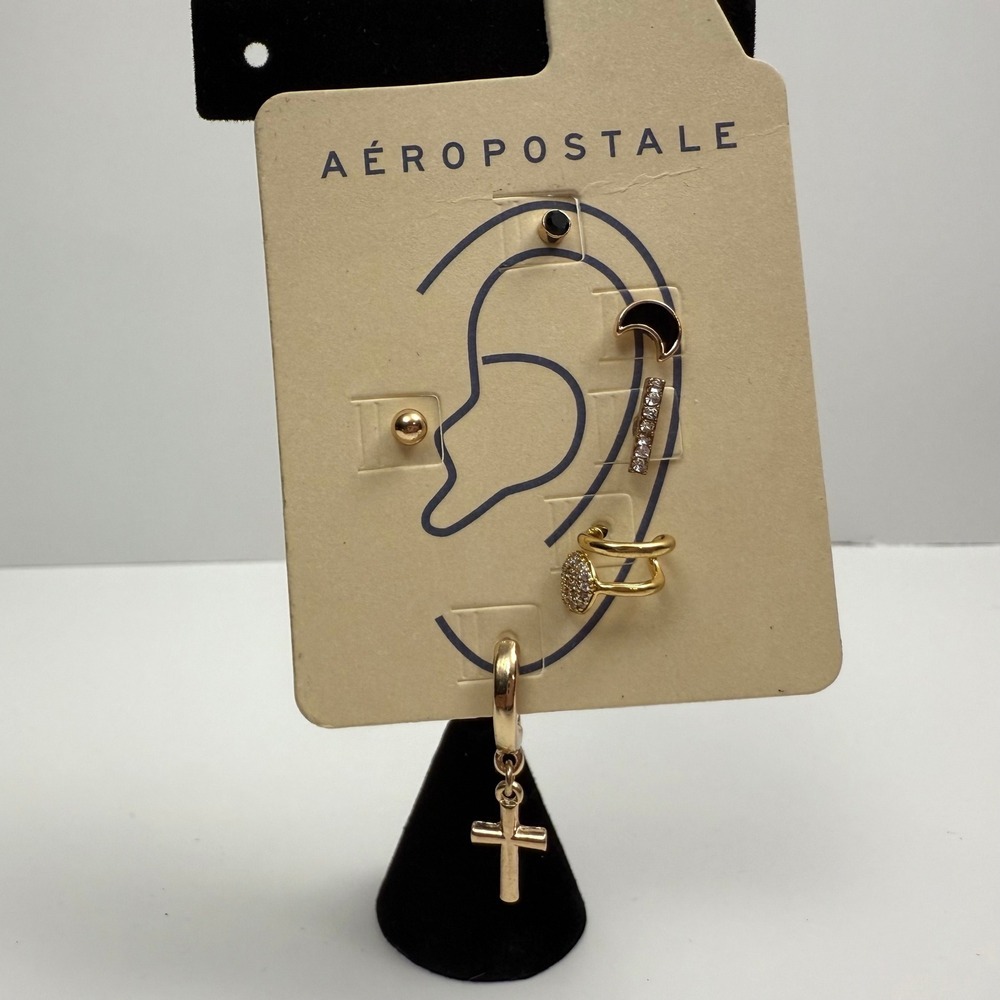 Aeropostale Earrings Set Gold Tone Studs Cuffs Cross Dangle Fashion Jewelry